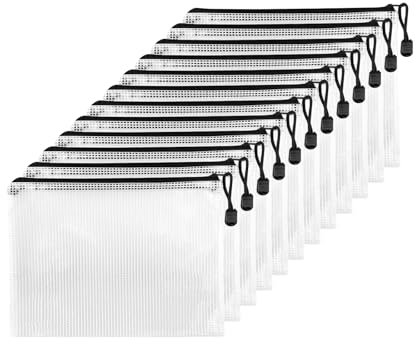 Fousenuk 12 Pcs Dokumententasche mit Reißverschluss A5, Wasserdichte Document Case, Mesh Plastic Zip Bag, Reißverschlusstasche, Zipper Pockets für Datei,Papier, Quittungen, Kosmetika, Schwarz