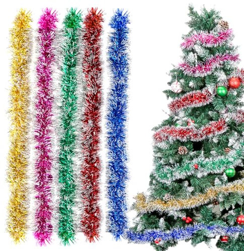Sprinlot 10M Gerlande Weinachten Bunt, 5 Stück Lametta Girlande Bunt, Weihnachtsgirlanden Glänzend, Christbaum Girlande, Weihnachtsbaumschmuck Girlanden