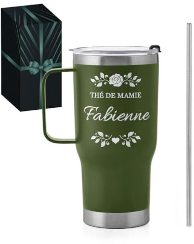 Maverton Mug Isotherme Cafe 600 ml - Gobelet avec paille et couvercle Vert en Acier Inoxydable - Garde Chaud 6h / Froid 10h - Cadeau Personnalisé pour Grand-Mère - Cadeau Mamie
