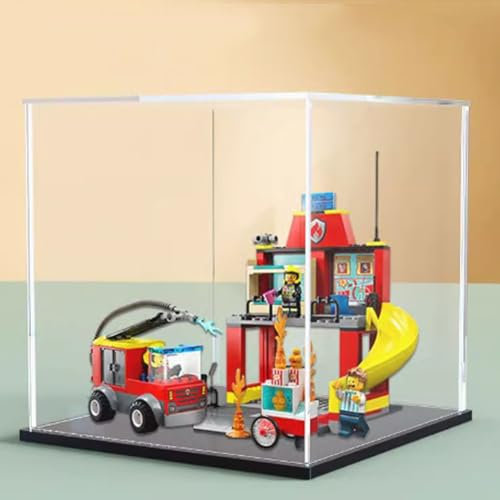 Transparente Acryl-Vitrine für Lego 60375 Feuerwehrstationen und Feuerwehrauto-Modell, transparente Box, Aufbewahrungsbox, Displaybox, kompatibel mit 60375 Modell. (nur Displaybox) (schwarzer Sockel)