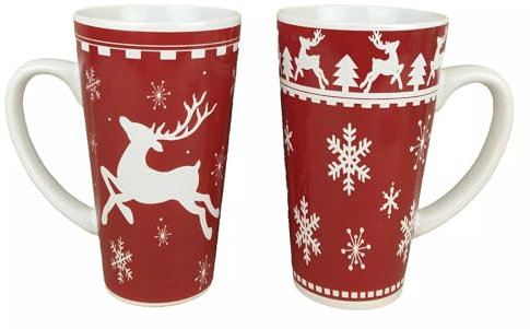 2er Set große Keramik Becher - Hirsch Schneeflocke - Inhalt 450ml Kaffeebecher Tasse Jumbobecher Glühweinbecher (rot)