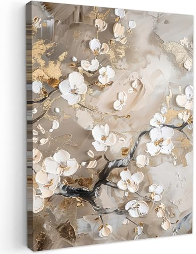 MuchoWow© Leinwandbilder Wall Art Decoration Bilder für die Wand | 50x70 cm - Schlafzimmer Deko Canvas Painting Wanddekoration Wohnzimmer Blumen - Weiß - Gold - Beige - Luxus