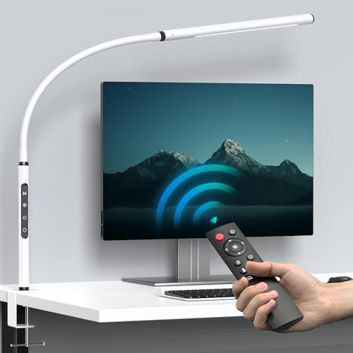 EYOCEAN - Lámpara de escritorio LED con mando a distancia, lámpara de pinza con cuello de cisne ajustable, regulable y temperatura de color ajustable, 12 W, blanco mate