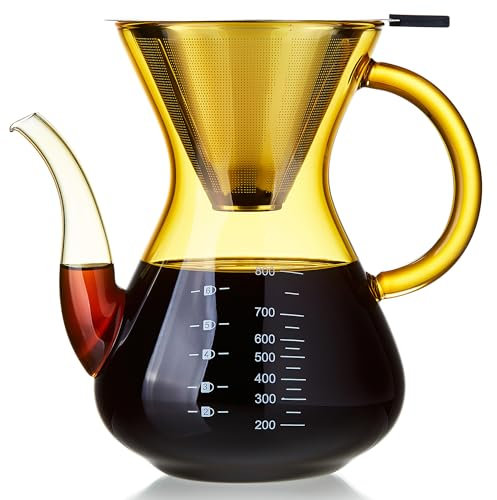 MESNEY Pour Over Coffee Maker, 800ml Heat-Resistant Borosilicate Glass, Coffee Pour Over with Stainless Steel Filter, Eco-Friendly Reusable Glass Pot for Home & Office,Yellow