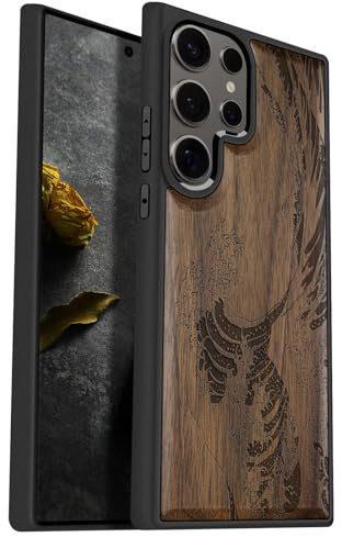 Carveit Natürlich Holz Handyhülle für Samsung S25 Ultra hulle [Einzigartiges Design Cover] Stoßstange Case Kompatibel mit Galaxy S25 Ultra Hülle（Nussbaum-Die große Welle vor Kanagawa）
