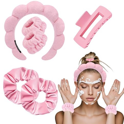 Bandeaux de spa pour femme, 1 bandeau de maquillage, 2 bandes de lavage pour poignet, 2 élastiques à cheveux et 1 lot de pinces à cheveux pour le lavage du visage, les soins de la peau (Rose)