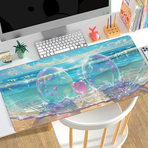 Tapis de Souris XXL 1600x800x3mm Tapis de Souris Amour Plage，Grand Tapis de Souris Gamer，Tapis Bureau Antidérapant Étanche，sous-Main Bureau Extra Large en Tissu，Maison Bureau Décor Cadeau Femme H77