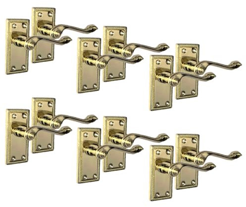 Epsom Door Handle Georgian Style Scroll Brass Door Handle Set – Internal Door Handles with Tubular Latch Classic Brass-Plated Finish (-6 Pairs) – Backplate Size 108mm x 48mm (6 Pair of Handles)