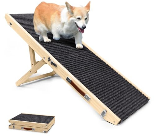 100cm adjustable pet ramp for cars, beds and sofas – four height settings, foldable ramp with non-slip carpet surface, portable wooden dog steps suitable for small to medium-sized breeds