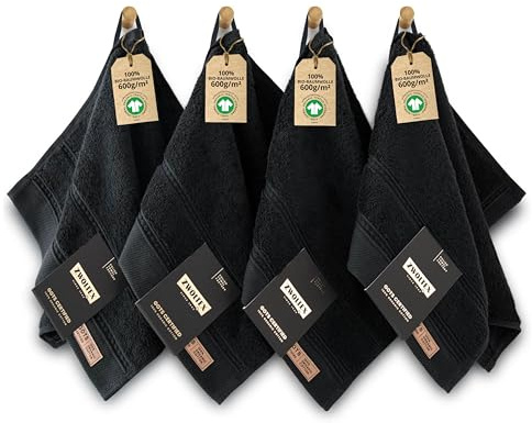 ZWOLTEX - Premium Gästehandtücher 30x50 Schwarz [4er Set - 650 g/m²], 100% Bio Baumwolle GOTS Zertifizert, ÖKO-TEX, Ultra Weich & Saugfähig - Queen Collection