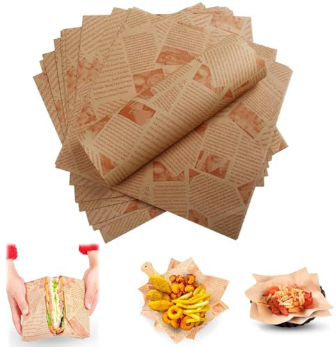PYEUIFT 100 Papel Antigrasa, Papel para Hornear y Envolver, Estilo Retro de Periódico, 22x22 cm, 100 Hojas