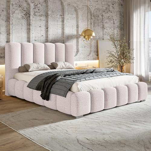 MOTIVENA Grand Bubble Bett 140x200, Polsterbett 140x200 Boucle, mit Bettkasten, mit Stauraum, mit Lattenrost, mit Kopfteil, ohne Matratze, Rosa
