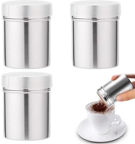 HAMKU 3 pezzi Agitatore per Zucchero a Velo con Coperchio, Spargi Zucchero a Velo e Cacao, Agitatore per Cappuccino, Spargi Cacao in Polvere, agitatore per Farina in Acciaio inox per Caffè, Spezie
