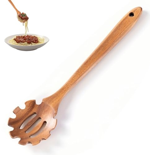 Pasta Spoon with Teeth Wooden Spoons for Cooking Acacia Wood Spaghetti Spoon Pasta Fork Noodle Scoop,Elaborately Polished Wooden Spaghetti Server with Teeth