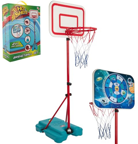 2-in-1 Basketball Hoop Set for Kids | Adjustable Height, Sticky Dart Board with Safe Velcro Darts, 3 Balls, Pump, Adjustable Rim, Water-Fillable Base | Indoor & Outdoor Sports Toy Gift for Children 3+