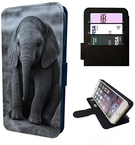 Elephant Wallet Phone Case Flip Cover Compatible with iPhone SE 7 8 X XR 11 12 13 14 15 16 16E Plus Mini Pro Max – Faux Leather Cute Elephant Calf Print