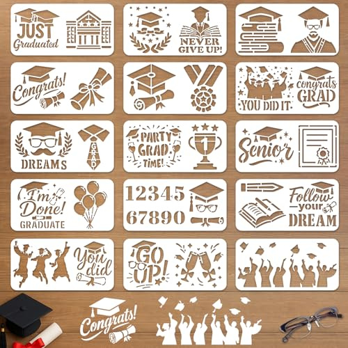 INFUNLY 15PCS Abschluss Malvorlagen 3.9×7.87 Abschluss Saison Wand Schablone Wiederverwendbare Malvorlage Herzlichen Glückwunsch Grad Wände Vorlagen Für DIY Handwerk Wand Leinwand Abschluss Party
