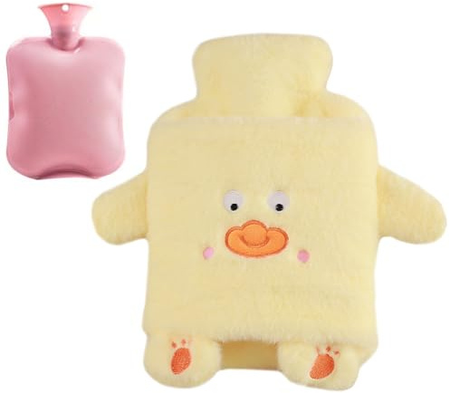 CutitiUU Cartoon Hot Water Bag with Plush Cover,1L Large Capacity Premium Natural Rubber Hot Water Bag,Cute Furry Kids Hot Water Bottles Fluffy,Safe, Explosion-Proof and Leak-Proof (Yellow)