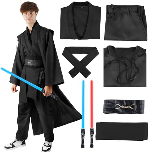 Aitsite Je-d Kostüm Erwachsene, Robe Erwachsene mit Kapuze Skywalker Kostüm Blau Rot Lightsaber, Hoodies Robe Karneval Halloween Cosplay Kostüm für Erwachsene Jungen (Schwarz)