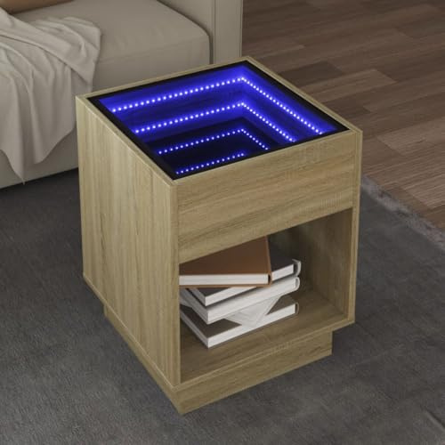 Qnhdfrt LED Infinity Coffee Table 40x40x50 cm Sonoma Oak Effect Small Side Table with RGB Glass Top for Living Room Bedroom Gaming Setup