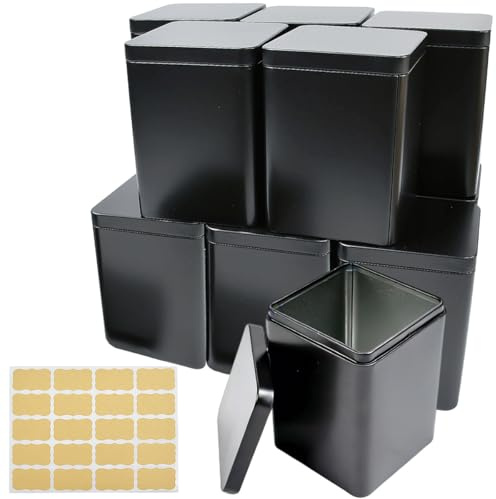 KAGEYMB 12 Stück Teedosen Klassische Eckige Teedose 8x8x11cm mit Etiketten Teedosen für Losen Tee Aufbewahrung Vorratsdose Metall mit Deckel Kaffeedosen Aromadicht für Kaffee Gewürze Zucker Matt