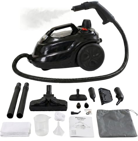 Powell Limpiador A Vapor De 2000 W - Mopa A Vapor Multisuperficie Para Alfombras, Suelos, Sofás Y Baños | Máquina Quitamanchas Con Accesorios Para Ventanas Y Azulejos - Negro