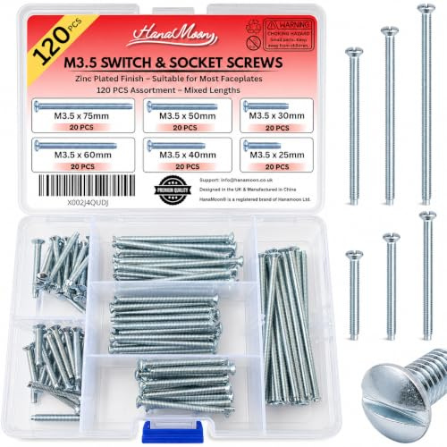 120pcs M3.5 Zinc-Plated Electrical Screws Set with Storage Case | Mixed lengths 25mm, 30mm, 40mm, 50mm, 60mm and 75mm for light switch and plug socket faceplates