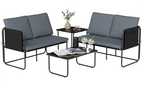 Outsunny Gartenmöbel-Set für den Außenbereich, 4-teilig, Gartenmöbel mit 2 Sofas, 2 Sitzplätzen, 2 Glastischen, Kissen, abnehmbare Bezüge, Taschen, atmungsaktiver Textilene-Stoff, Stahlrahmen, Grau