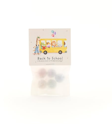 Blumenmurmeln zum Schulstart Bus | 5 bunte Blumenmurmeln im Pergamintütchen (ca. 10 x 5 cm) | mit niedlichem, kindgerechten Motiv | Kreative Geschenkidee für Kinder, Schule & Schulalltag