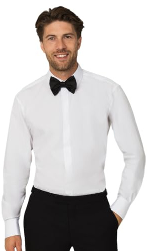 Dobell Mens White Dress Shirt Slim Fit 100% Cotton Standard Collar Double Cuff Plain Fly Front