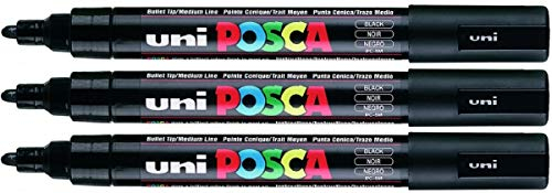 Uni Posca PC- 5 m Black Paint Marker Stifte, 5 mm, mittlere Rundspitze, Spitze schreibt auf allen Oberflächen aus Glas, Kunststoff, Stoff Metall Holz, 3 Stück