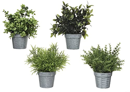 Decoris Kunstpflanze Kräuter 21cm x 1 Stück Sortiert im Plastik Topf Zink Optik Grünpflanzen künstlich