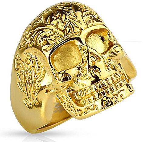 Bungsa 67 (21.3) Goldener Totenkopf Ring verziert massiv Edelstahl Männer Skull 60 62 64 67 70 72 (Herren Fingerring Männerring Edelstahlring Chirurgenstahl Biker Outlaw MC Harley SOA)