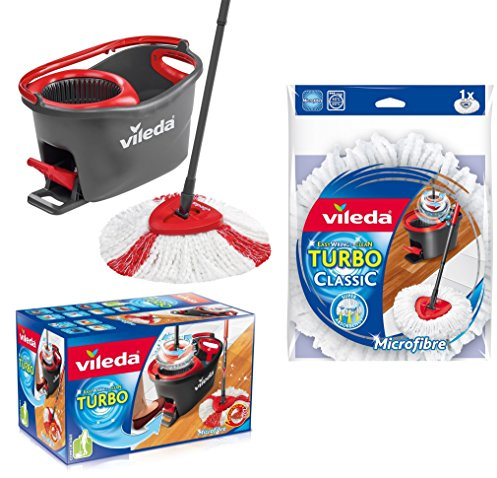 VILEDA Turbo EasyWring & Clean - Juego completo de fregona con cubo y centrifugadora eléctrica Plus cabezal de repuesto Turbo Classic