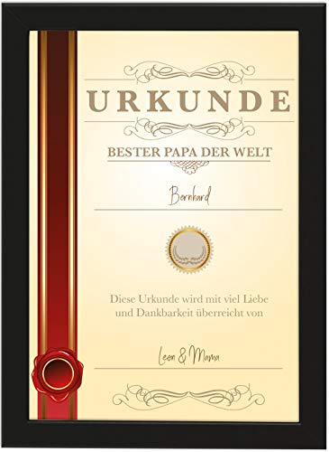 Deqosy Personalisiertes Vatertagsgeschenk Poster DIN A4 Urkunde Bester Papa der Welt, gerahmt mit schwarzem Bilderrahmen, Vatertagsgeschenk, Vatertag, Personalisierbare Poster