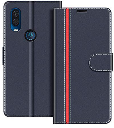 COODIO Phone Case For Motorola One Vision, Magnetic Flip Leather Case For Motorola One Vision Wallet Case, Dark Blue/Red