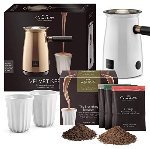 Hotel Chocolat Velvetiser - In-Home Hot Chocolate Machine - Barista-Grade Hot Chocolate Maker - Complete Starter Kit - White Edition - 2 Ceramic Podcups & 10 Single-Serve Sachets