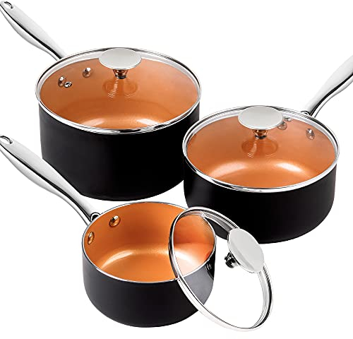 MICHELANGELO Saucenpfanne mit Deckel, 1Qt & 2Qt & 3Qt Sauce Pan Set, Keramik Töpfe mit Deckel, Kupfer Kleine Töpfe, Antihaft-Kochtopf-Set, ofenfest