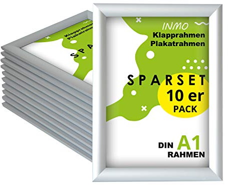 INMO Alu-Klapprahmen DIN A1 10 Stück mit Aluminium Profil ohne Glas - Klappbarer Bilderrahmen Silber - Fotorahmen für Bilder, Poster, Plakate - 62,50 x 87,20 cm Urkundenrahmen