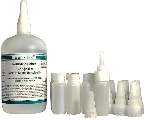 Ber-Fix Industriekleber Extra Stark Kunststoff 500g Sekundenkleber Set| 10 Leerflaschen Universal für Metall, Kunststoff, Holz, Keramik - Transparent Mit Innovativem Verschlusssystem