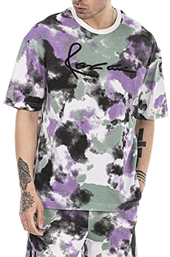 T-Shirt für Herren Oversize Kurzarm Baumwolle Rundhals Tie Dye Lila M