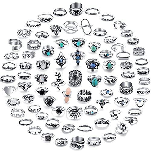 17 MILE 82 Pcs Vintage Silver Knuckle Rings Set for Women, Bohemian Stackable Joint Finger Rings, Retro Stone Crystal Stacking Midi Rings Pack (Silver)