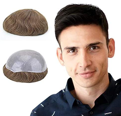 Lordhair Perücke Männer,Realität Toupet,0,06 mm Alle V-Looped Dünnes,Haarfreestyle,Natürlich eng anliegend-130% Mittlere Dichte (Hellbraun 7#(Asche))