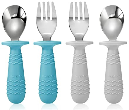 PandaEar Juego de 4 utensilios de silicona de acero inoxidable para bebés y niños pequeños, cuchara y tenedor para bebé, sin BPA, diseño antiasfixia (azul y gris)