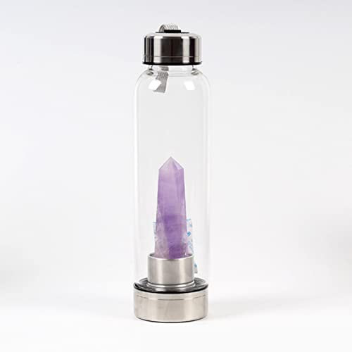 Healing Crystal Water Bottle 550Ml Glass Gemstone Drink Bottle Portable Quartz Gem Stones Bottle Obsidian Water Bottle Removable Natural Crystal (Color : Amethyst, Size : NO Cup Cover)