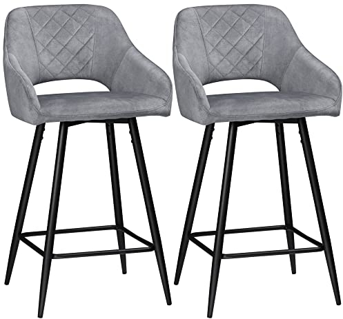 HOMCOM 2er-Set Barhocker Barstühle Bistrohocker mit Fußstütze Samtoptik Küchenstuhl Thekenhocker Sitzbezug für Küche Wohnzimmer Esszimmer Stahl Grau 50 x 56 x 98 cm