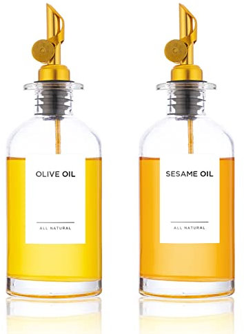 Joyfulmap Gold Oil Dispenser Set, 2 Pcs Olive Oil and Vinegar Dispenser Bottle for Kitchen w. 54 Minimalist White Labels,Tray,Glass Bottle Dispenser for Kitchen,Coffee Syrup,Mouthwash,11.8 oz/350 ml