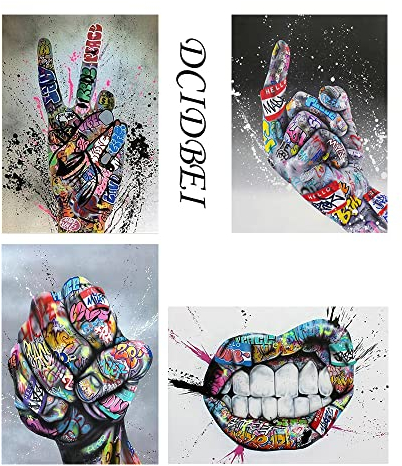 DCIDBEI 30x40CM 4 Set Diamond Painting Komplettset Rund Graffiti Diamant Painting Bilder Mittelfinger Stickerei Malerei Erwachsene Kinder Schlafzimmer Deko Geschenk Geburtstag | Mund und Hand