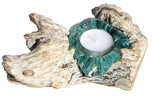 Wogeka - Weißer Glas Teelichthalter auf Wurzel-Holz - White Line Collection - Maritime Mediterrane Deko als Geschenk zu Weihnachten Geburtstag Teelicht 1w