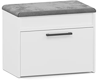 CDF Schuhschrank mit Sitzbank und Stauraum kleine Flurbank Sitzkissen kompakte Schuhkommode Garderobenbank mit Kipptür Flurmöbel modern Aufbewahrung 60 x 35 x 49 cm - Weiß